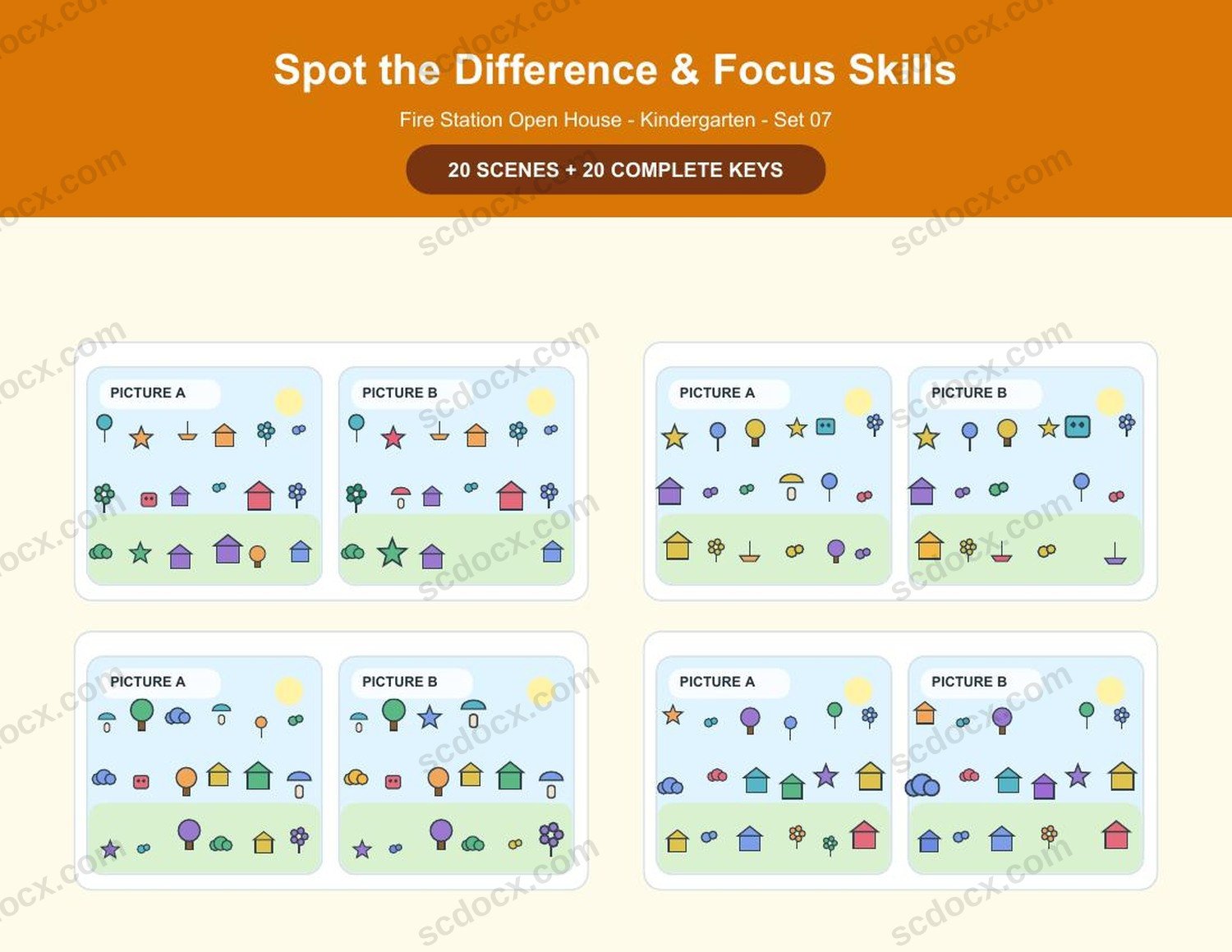 Spot the Difference | Kindergarten | Fire Station Open House | 20 Games + Keys | US Letter Landscape