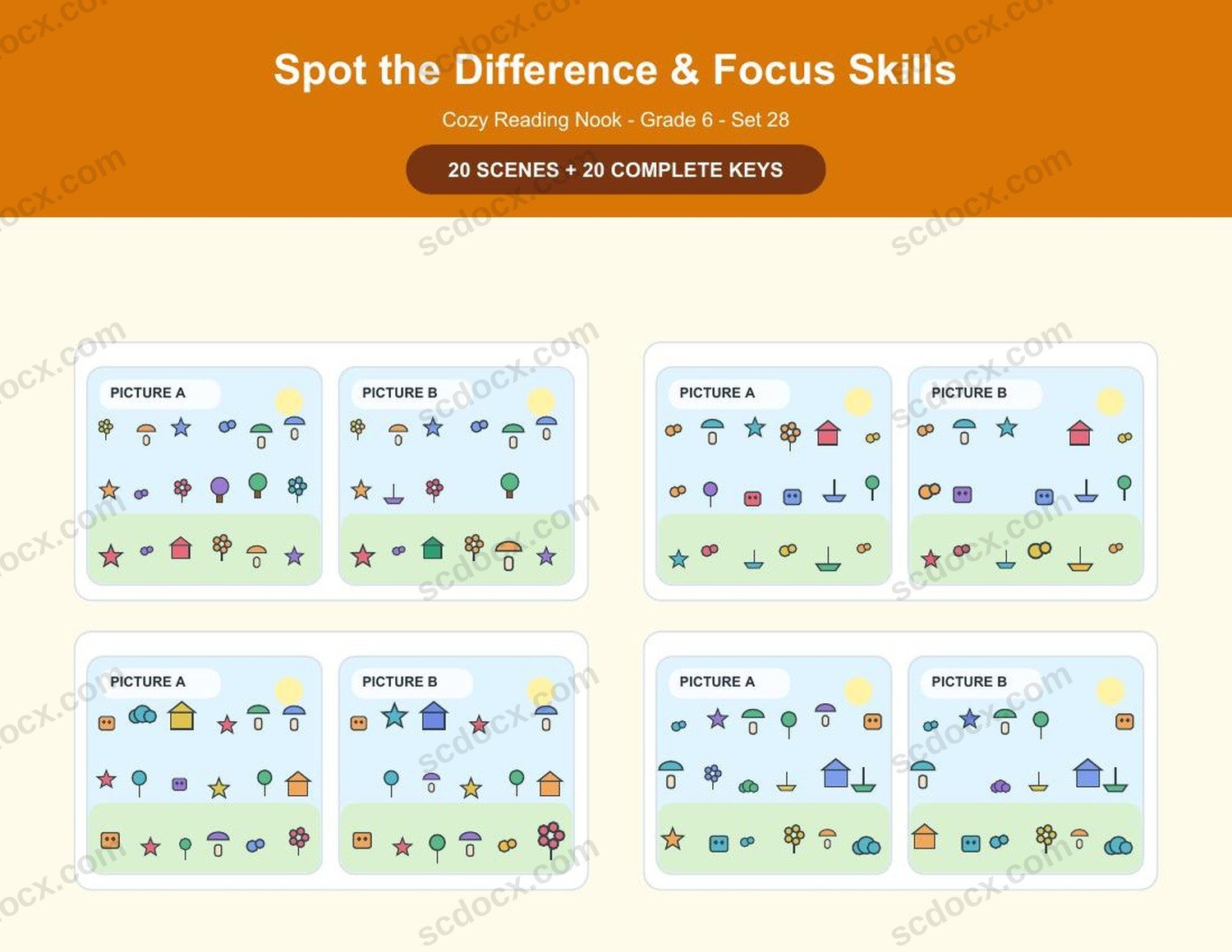 Spot the Difference | Grade 6 | Cozy Reading Nook | 20 Games + Keys | US Letter Landscape