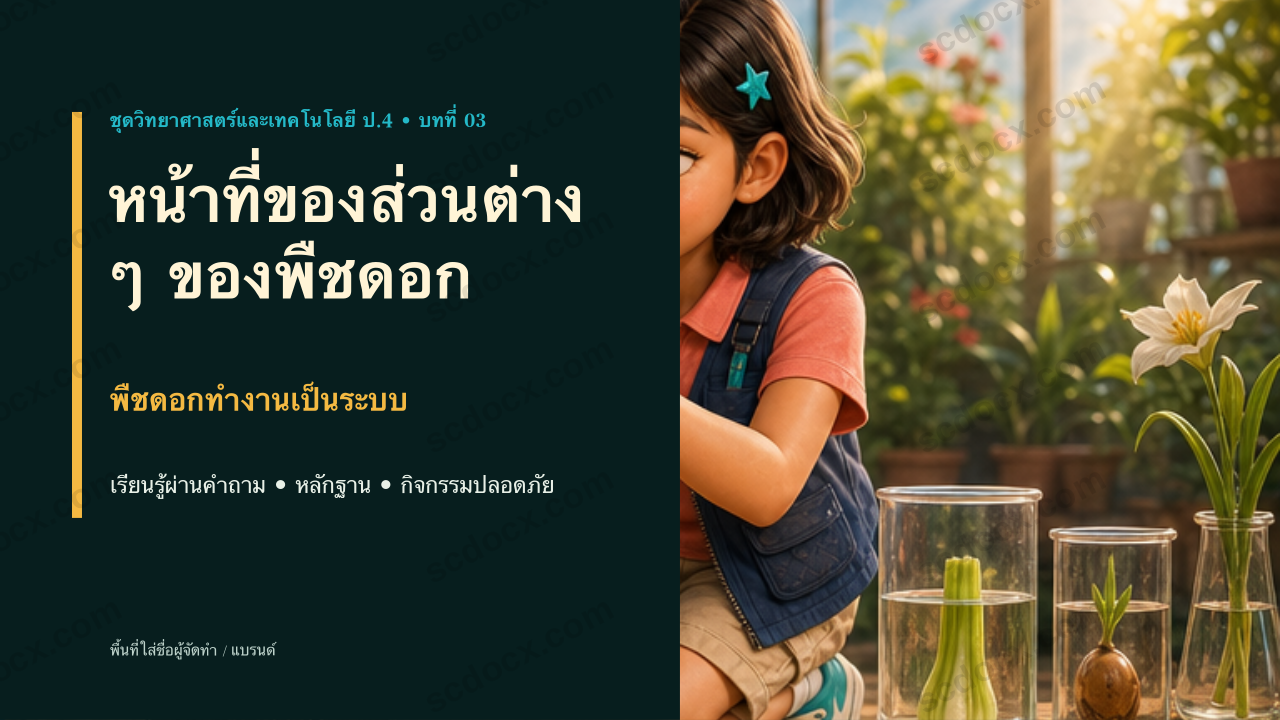 PowerPoint วิทยาศาสตร์และเทคโนโลยี ป.4 บทที่ 3 หน้าที่ของส่วนต่างๆของพืชดอก