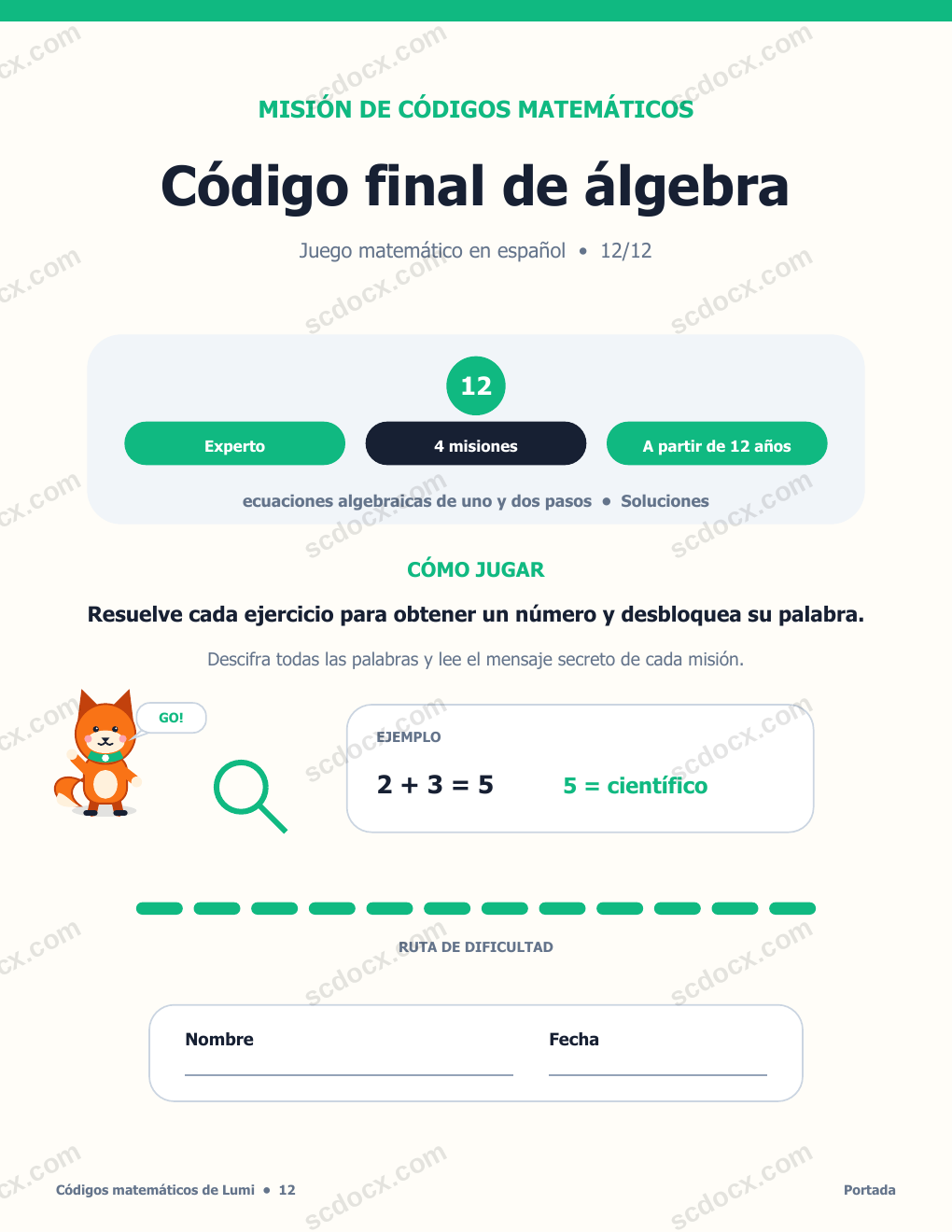 Juego de códigos matemáticos en español 12 - Código final de álgebra con soluciones