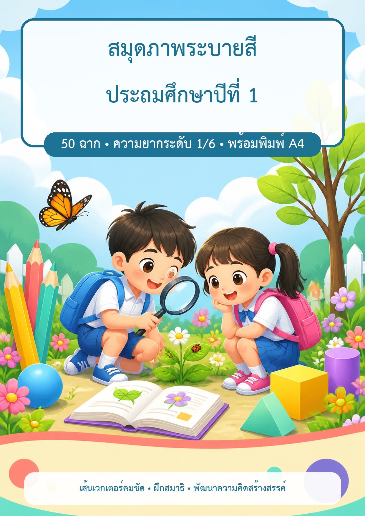 แจกฟรี | สมุดภาพระบายสี ป.1 | 50 ภาพ ฉากง่าย ฝึกควบคุมมือ