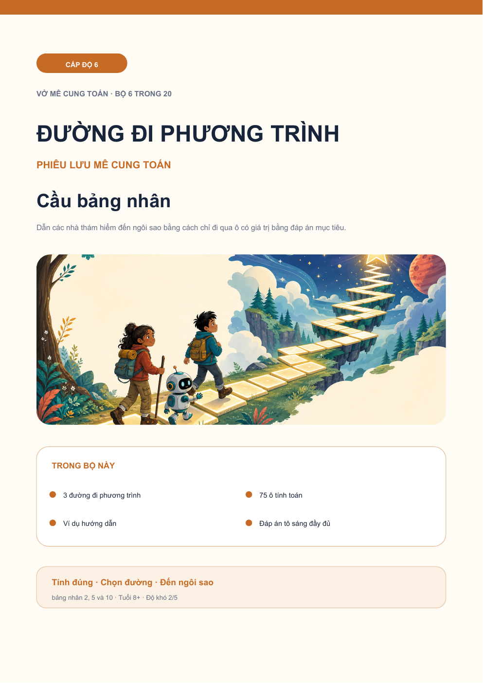 Đường đi phương trình Cấp 6 | Cầu bảng nhân kèm đáp án