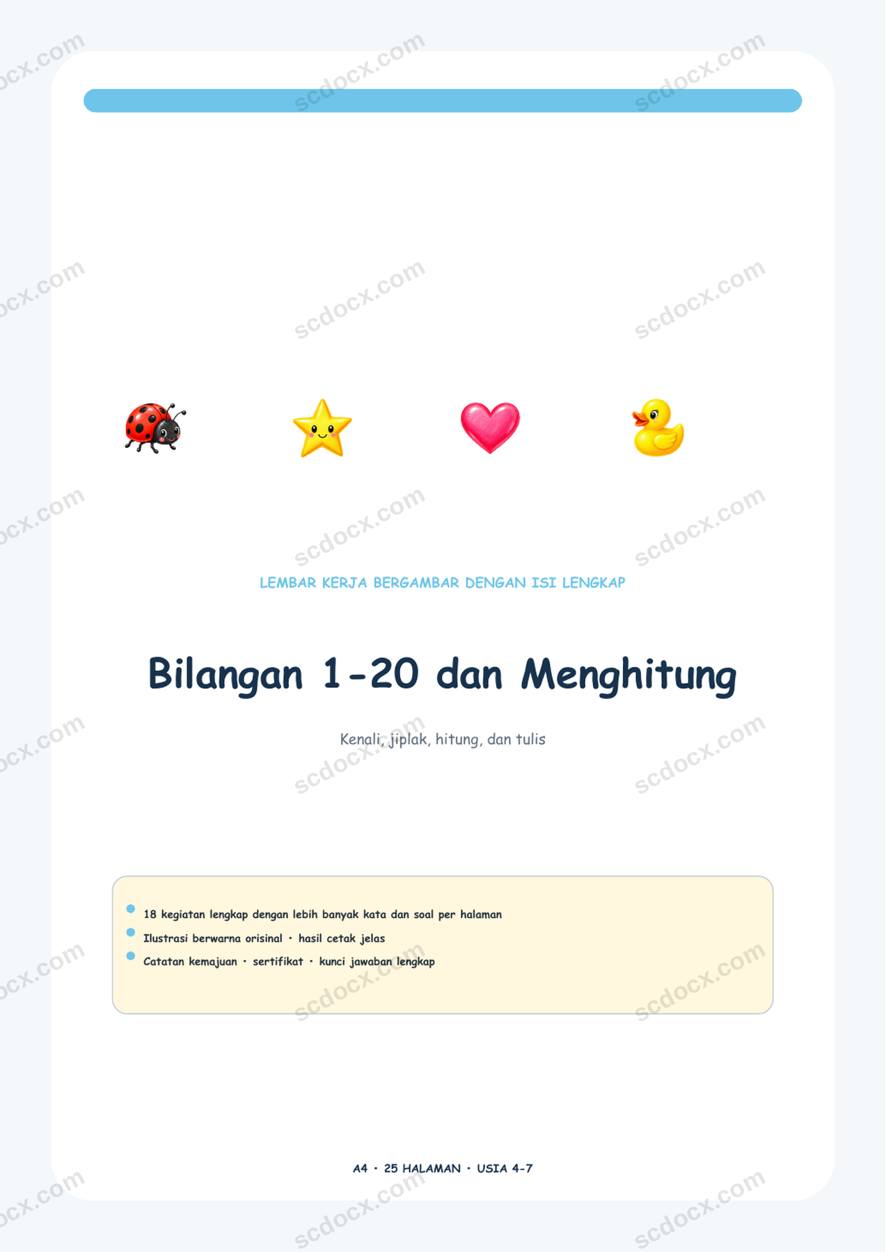 Bilangan 1-20 dan Menghitung | 18 kegiatan + kunci jawaban | A4 | Edisi Indonesia