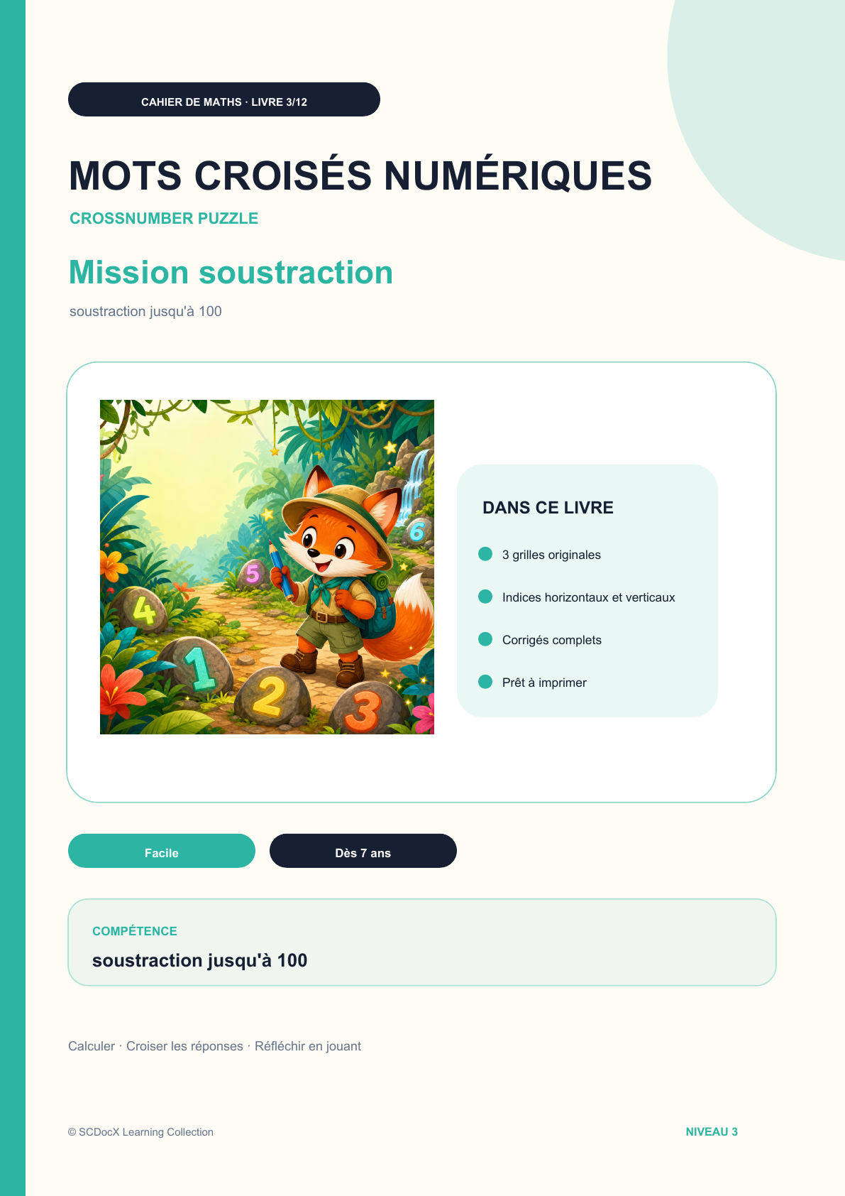 Mots croisés numériques Niveau 3 | Mission soustraction avec corrigé
