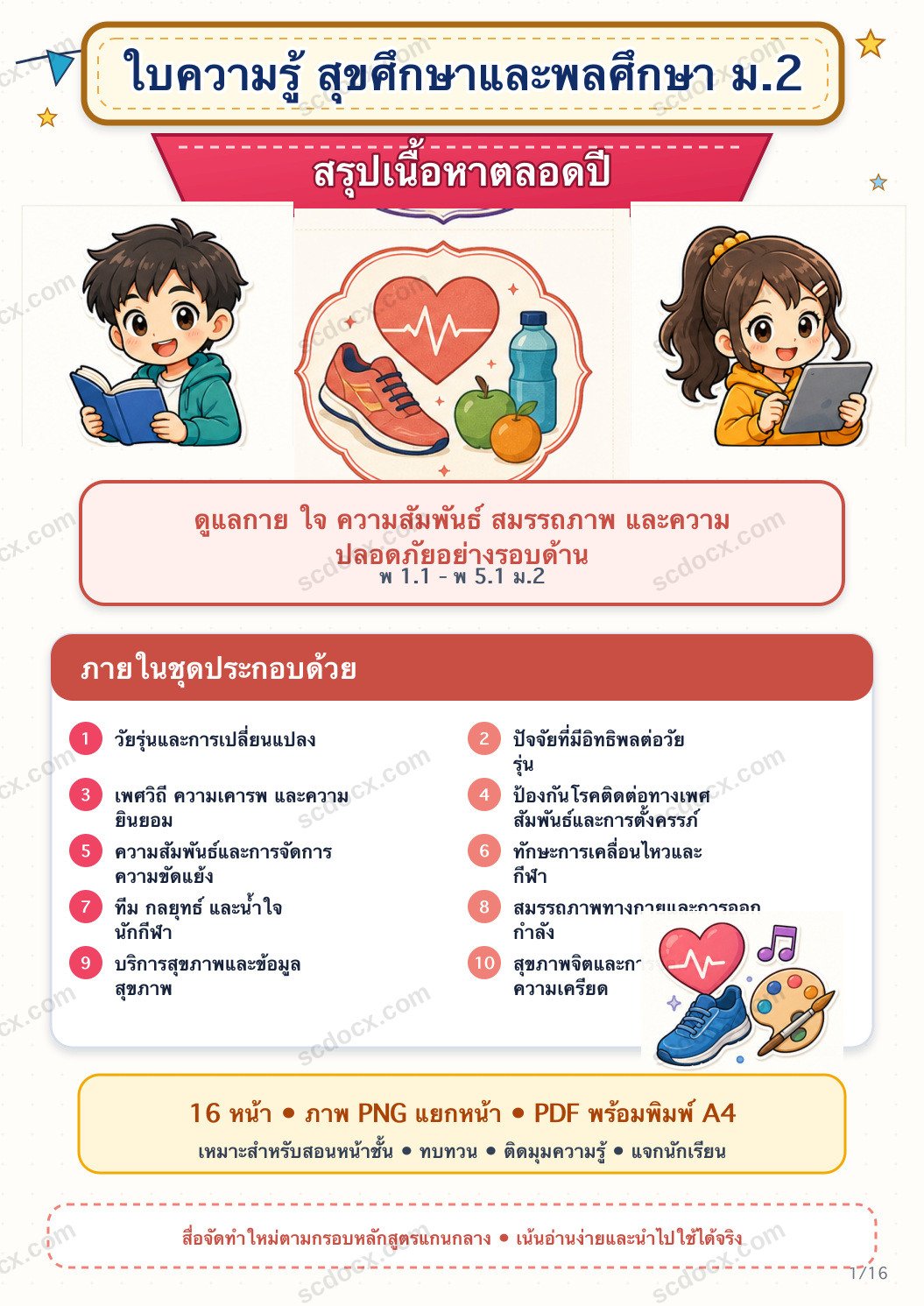 ใบความรู้ สุขศึกษาและพลศึกษา ม.2 ครบปี | อินโฟกราฟิกพร้อมสอน 16 หน้า