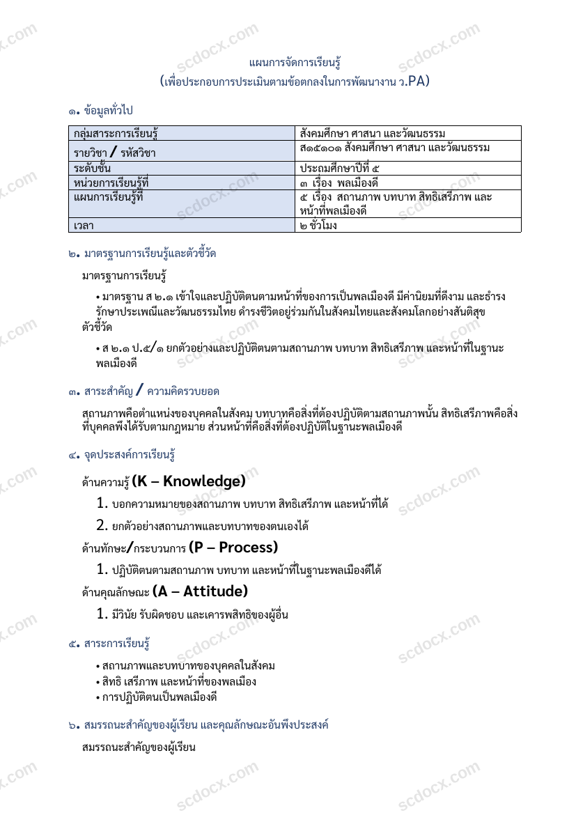 แผนการสอน ว.PA สังคมศึกษา แผนที่ 5 สถานภาพ บทบาท สิทธิเสรีภาพ และหน้าที่พลเมืองดี ป.5