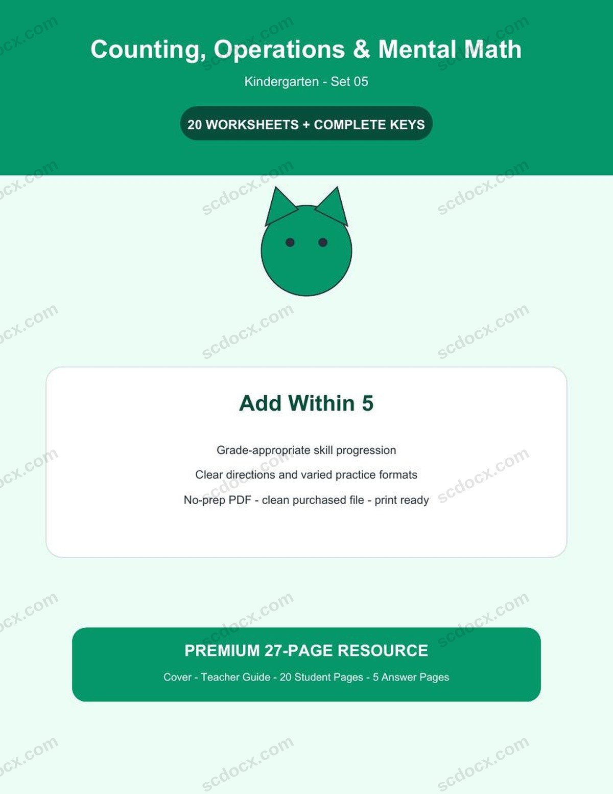 Counting, Operations & Mental Math | Kindergarten | Add Within 5 | 20 Worksheets + Answer Keys