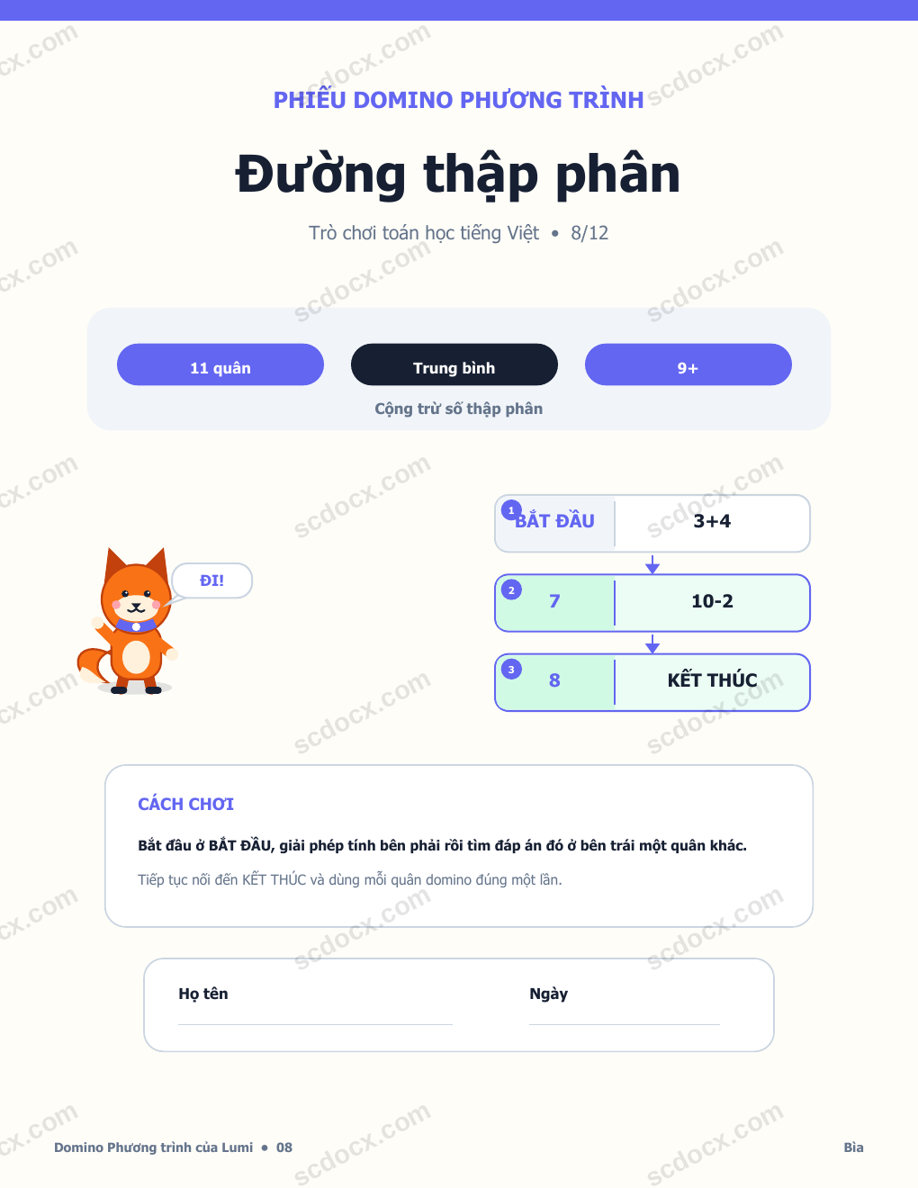 Domino Phương trình Tiếng Việt 08 - Đường thập phân có Đáp án