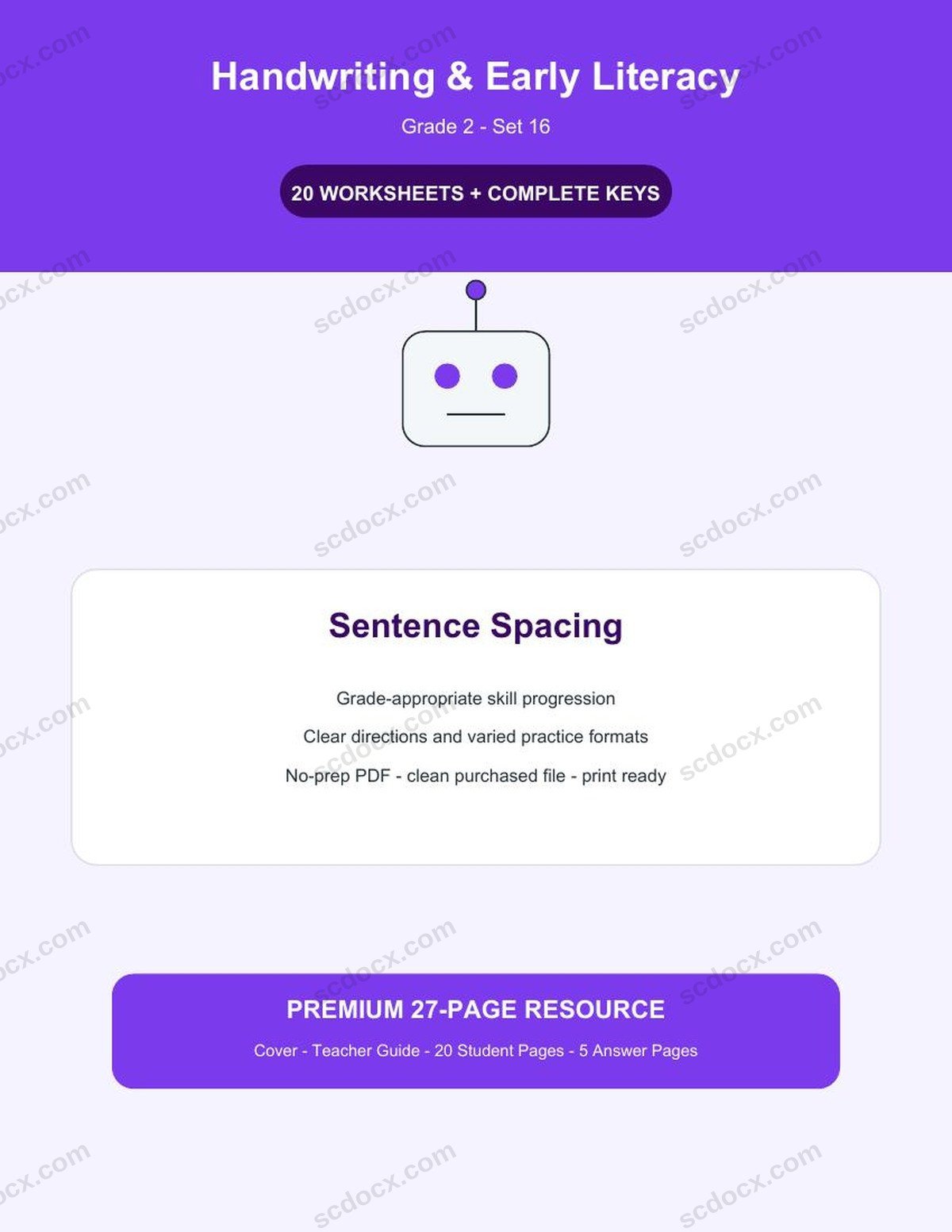 Handwriting & Early Literacy | Grade 2 | Sentence Spacing | 20 Worksheets + Answer Keys