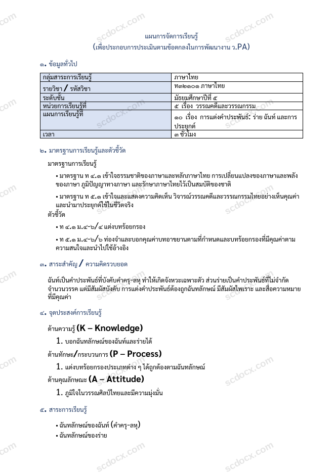 แผนการสอน ว.PA ภาษาไทย แผนที่ 10 การแต่งคำประพันธ์: ร่าย ฉันท์ และการประยุกต์ ม.5