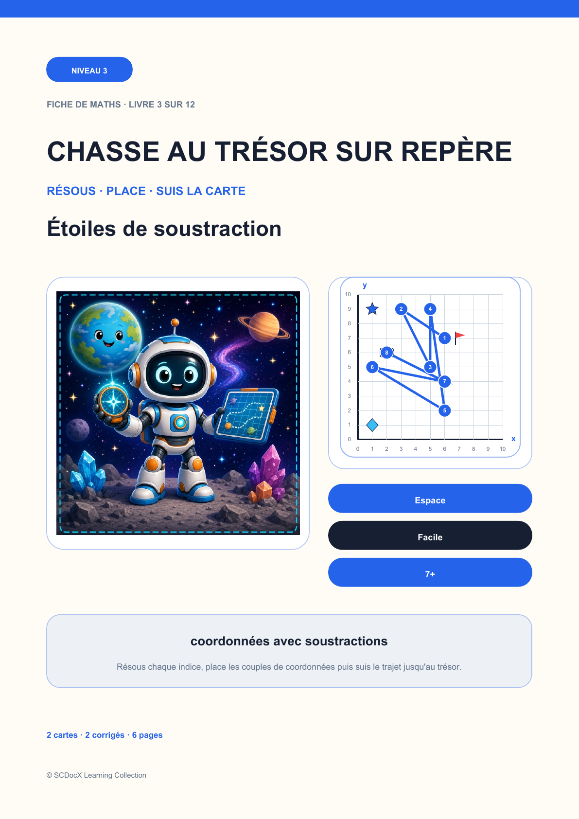 Chasse au Trésor sur Repère Niveau 3 | Étoiles de soustraction avec corrigé (GRATUIT)