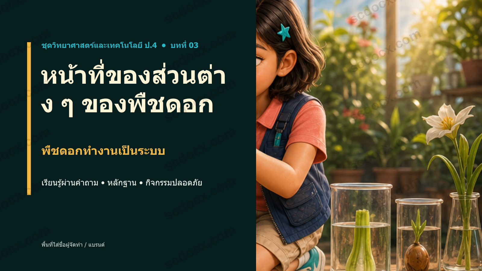 PowerPoint วิทยาศาสตร์ ป.4 บทที่ 03 หน้าที่ของส่วนต่างๆของพืชดอก พร้อมสอน