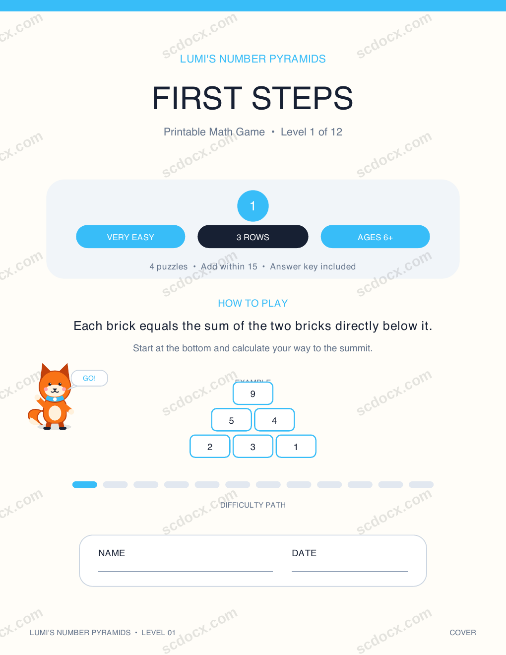 English Math Number Pyramid 01 - First Steps with Answer Key