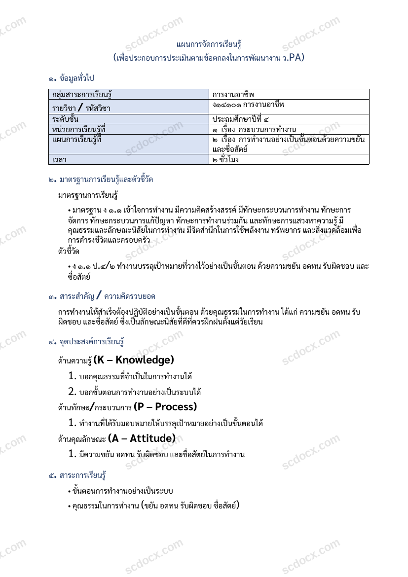 แผนการสอนประกอบการประเมิน ว.PA วิชาการงานอาชีพ แผนที่ 2 เรื่อง การทำงานอย่างเป็นขั้นตอนด้วยความขยันและซื่อสัตย์ ชั้น ป.4