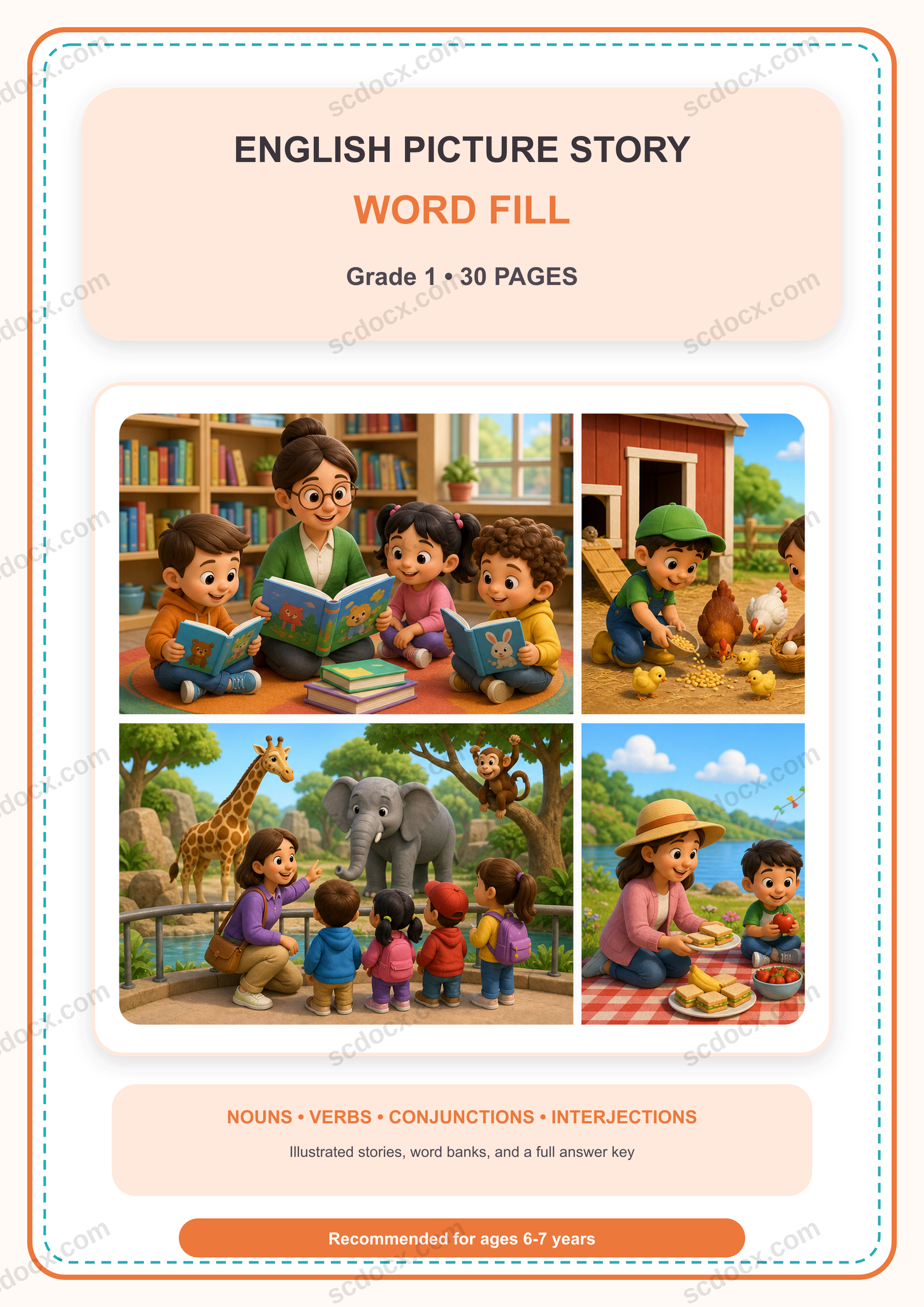 แบบฝึกเติมคำภาษาอังกฤษในเรื่องจากภาพ ป.1 | 30 หน้า พร้อมเฉลย 30 หน้า PDF + PNG