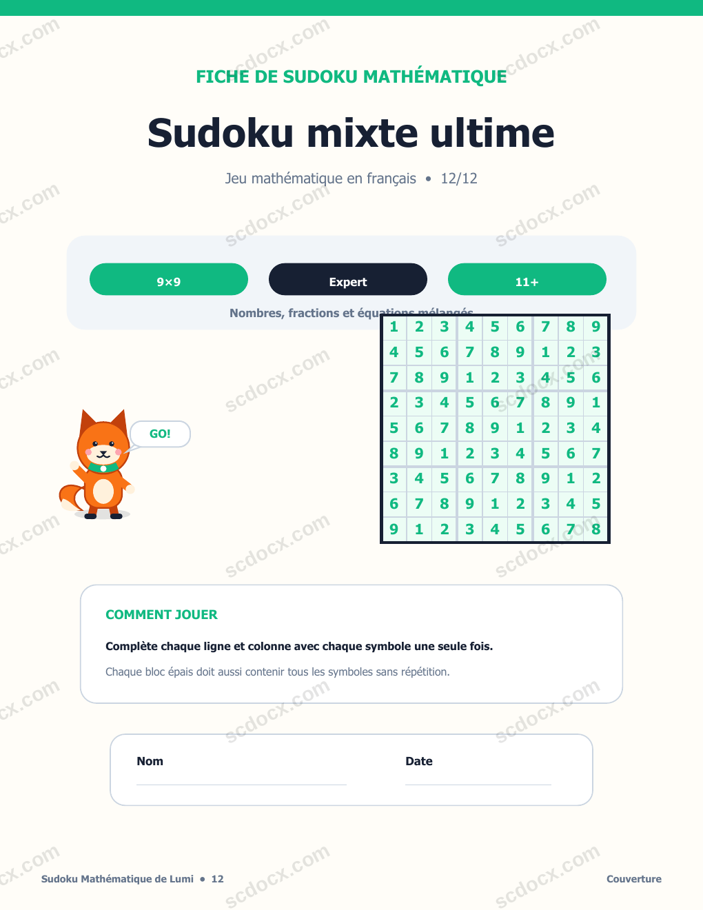 Sudoku Mathématique en Français 12 - Sudoku mixte ultime avec corrigé