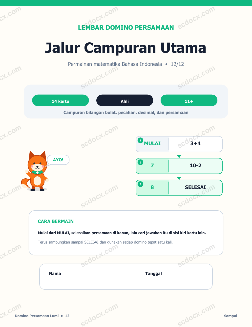 Domino Persamaan Bahasa Indonesia 12 - Jalur Campuran Utama dengan Jawaban