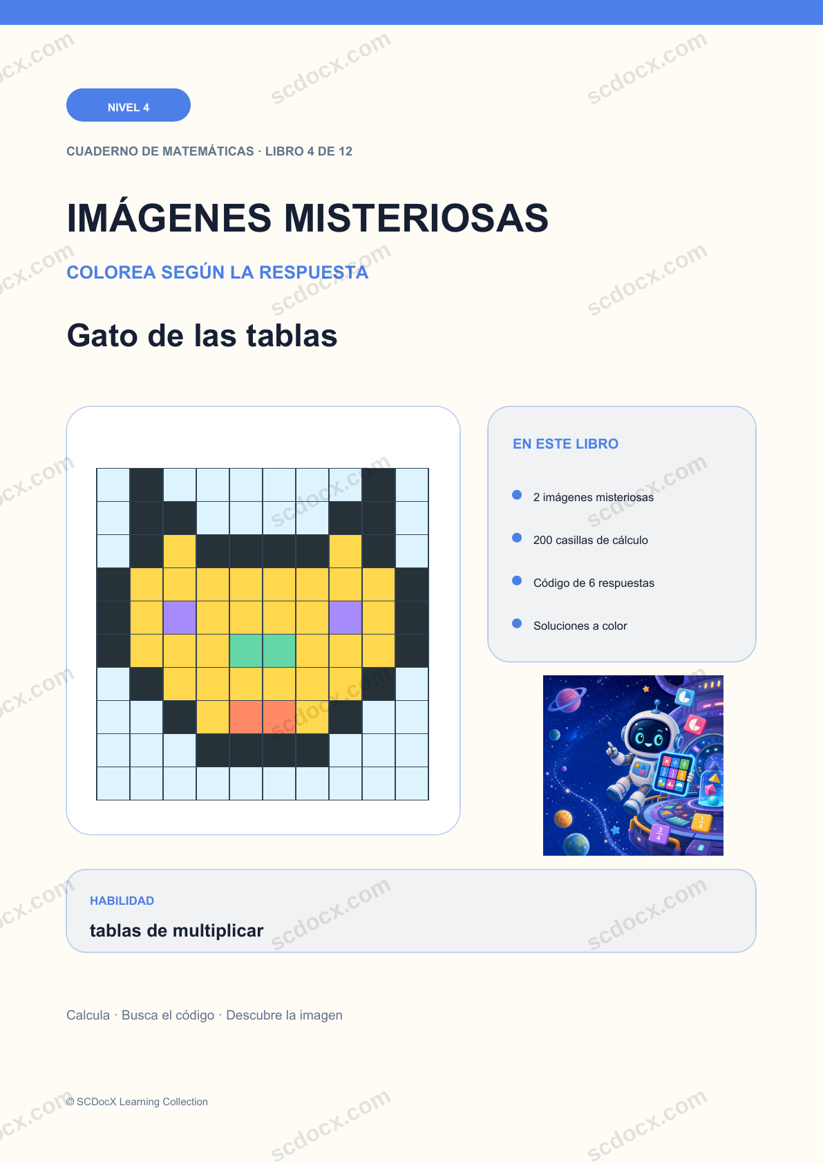 Imagen misteriosa de matemáticas Nivel 4 | Gato de las tablas con soluciones