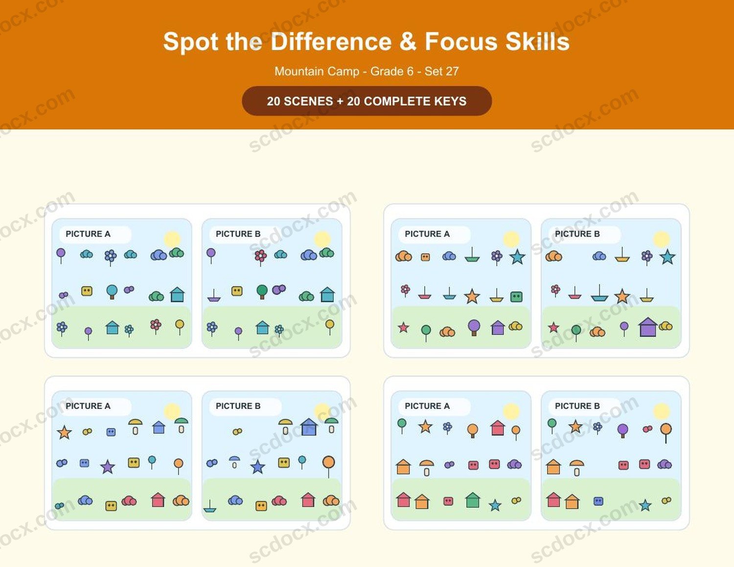 Spot the Difference | Grade 6 | Mountain Camp | 20 Games + Keys | US Letter Landscape