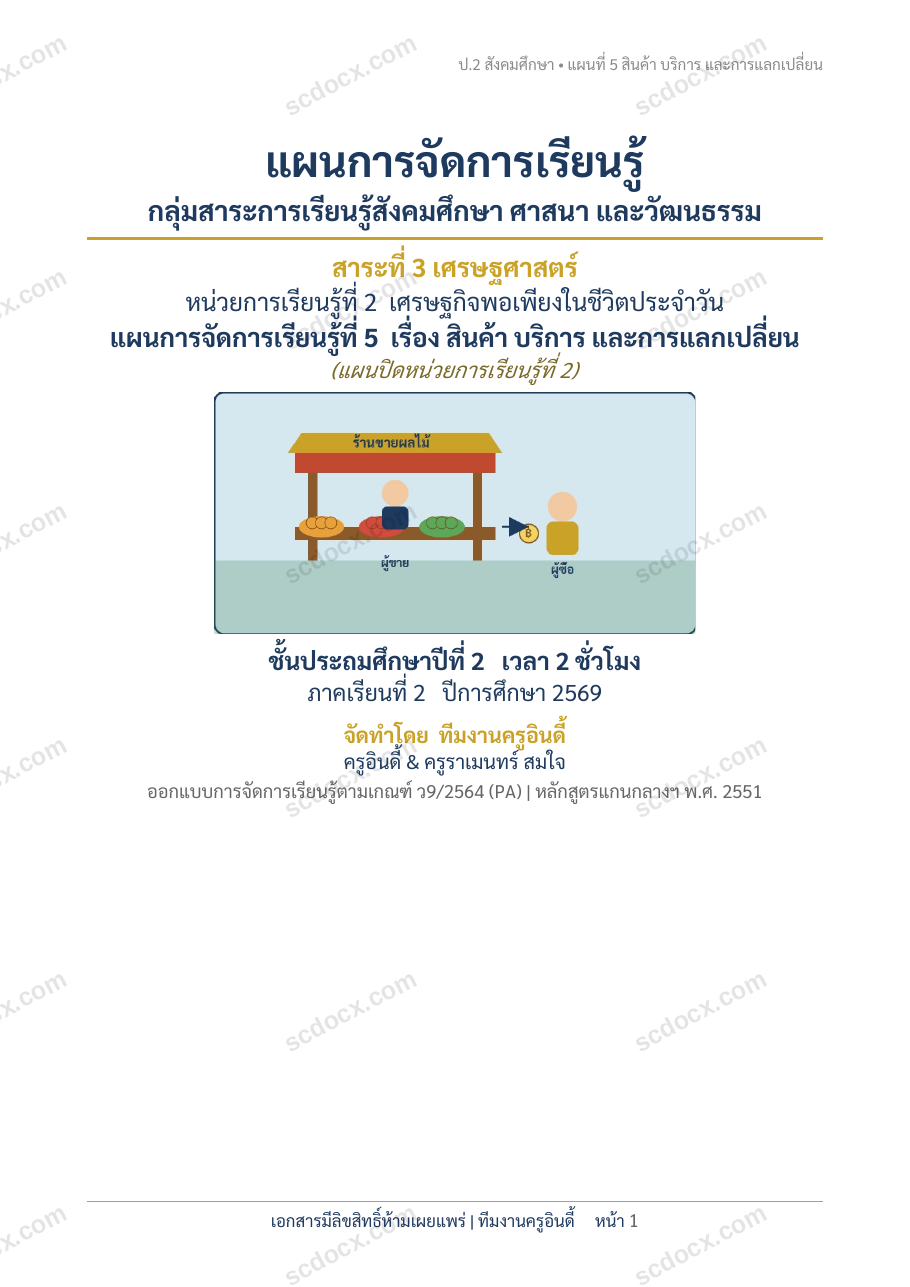 แผนการสอนประกอบการประเมิน ว.PA วิชาสังคมศึกษา แผนที่ 5 เรื่อง สินค้าบริการและการแลกเปลี่ยน ชั้น ป.2