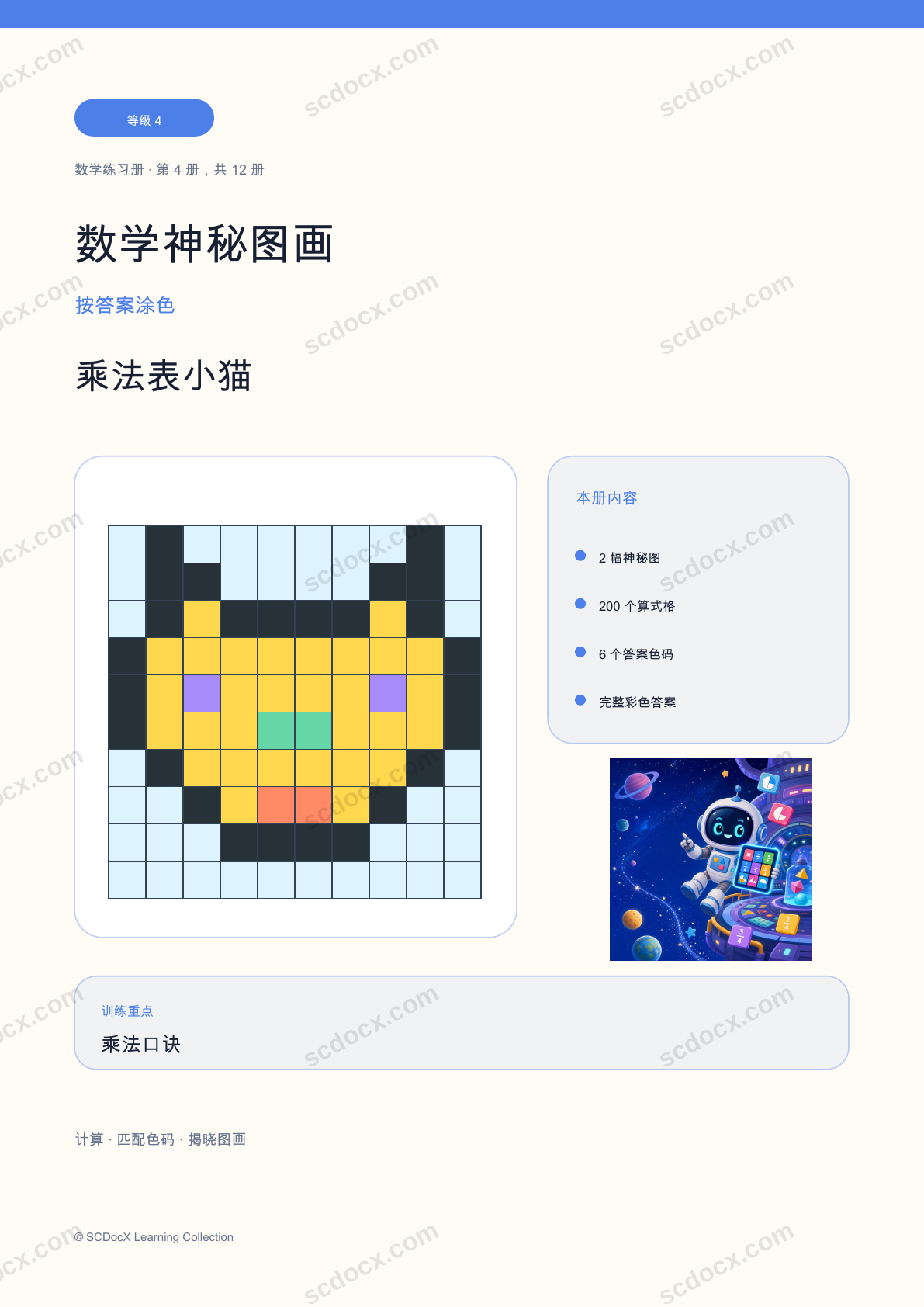 数学神秘图画 等级 4｜乘法表小猫（含答案）