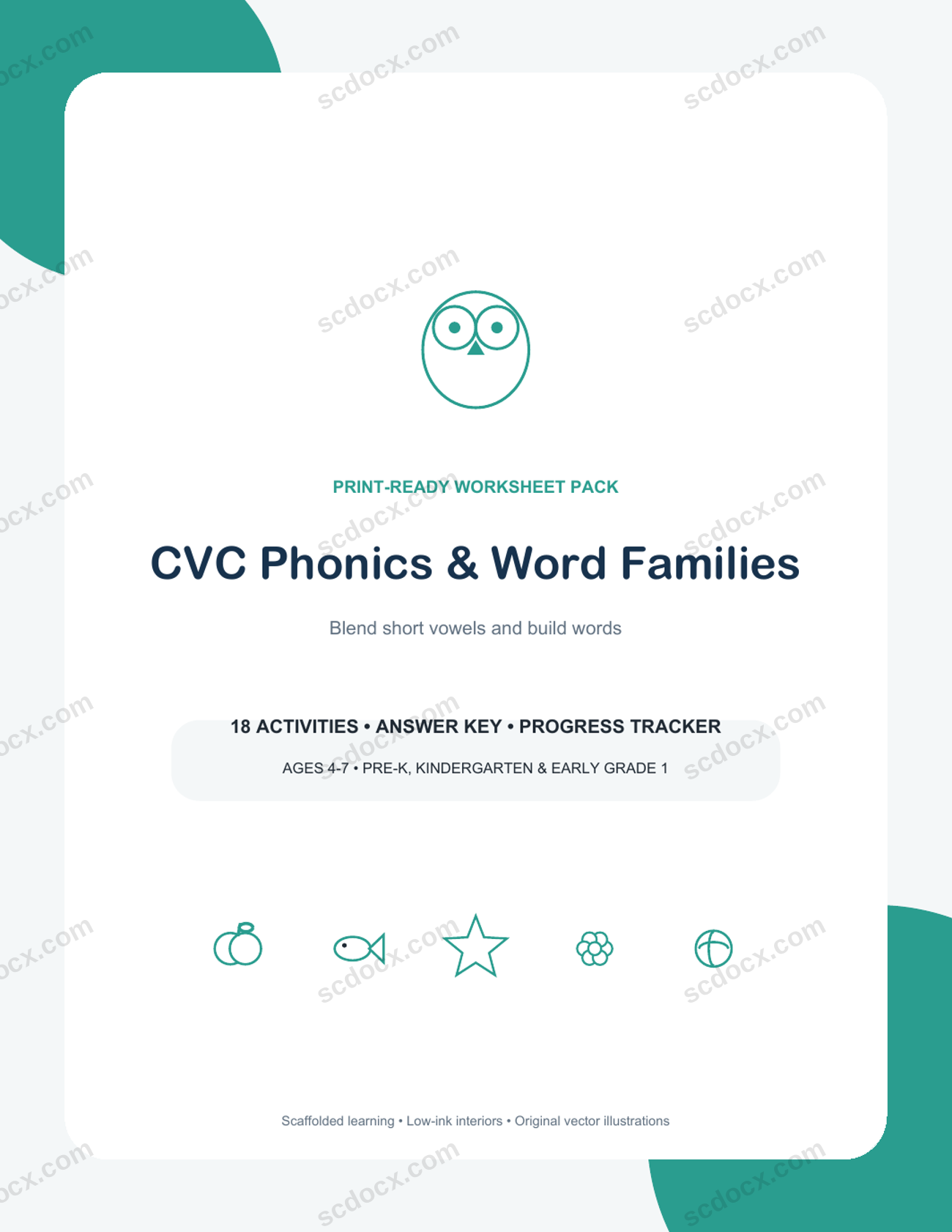 CVC Phonics & Word Families | 18 Kindergarten Worksheets + Keys | US Letter