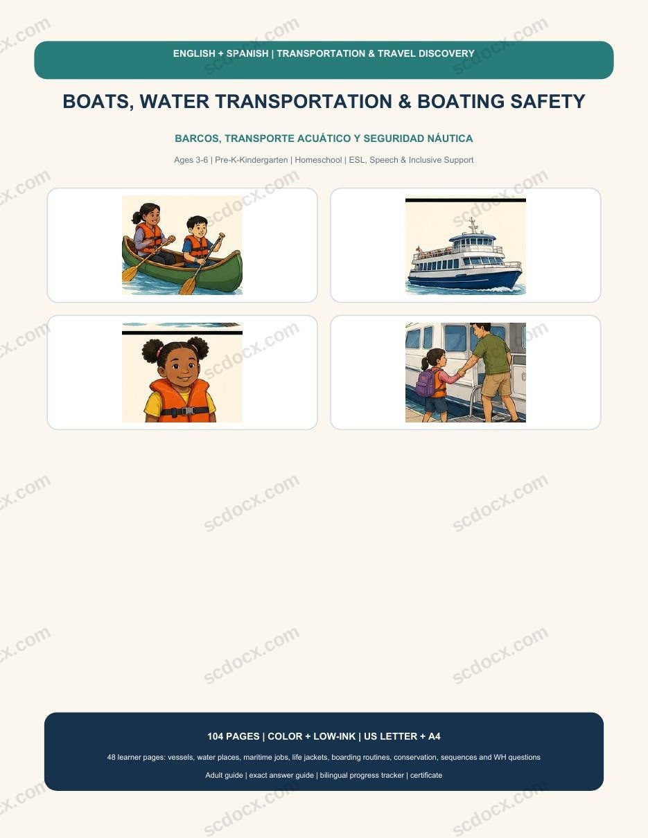 Bilingual Boats, Water Transportation & Boating Safety | English-Spanish | 208 Printable Pages