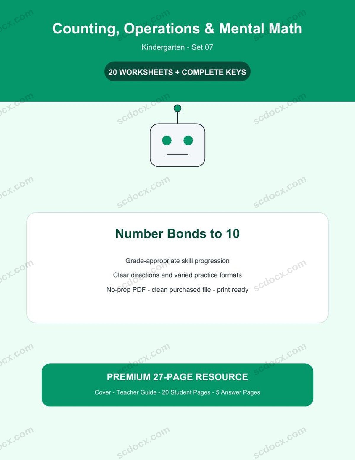 Counting, Operations & Mental Math | Kindergarten | Number Bonds to 10 | 20 Worksheets + Answer Keys