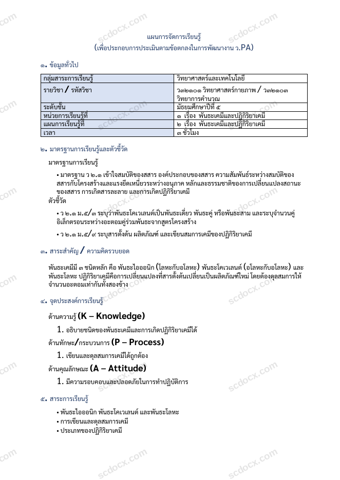 แผนการสอน ว.PA วิทยาศาสตร์ แผนที่ 2 พันธะเคมีและปฏิกิริยาเคมี ม.5