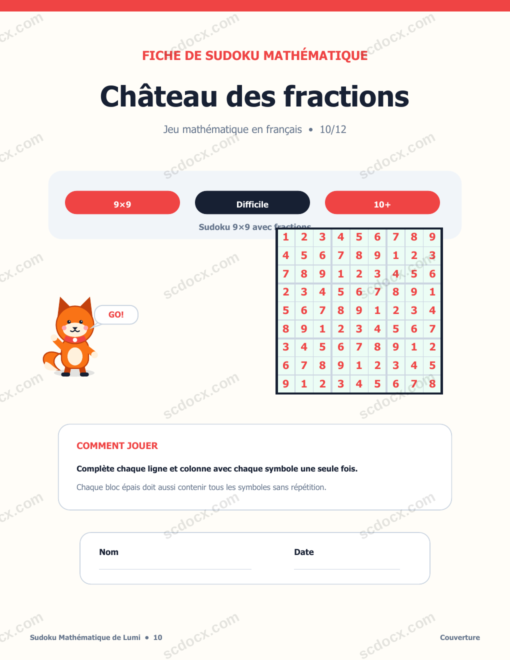 Sudoku Mathématique en Français 10 - Château des fractions avec corrigé