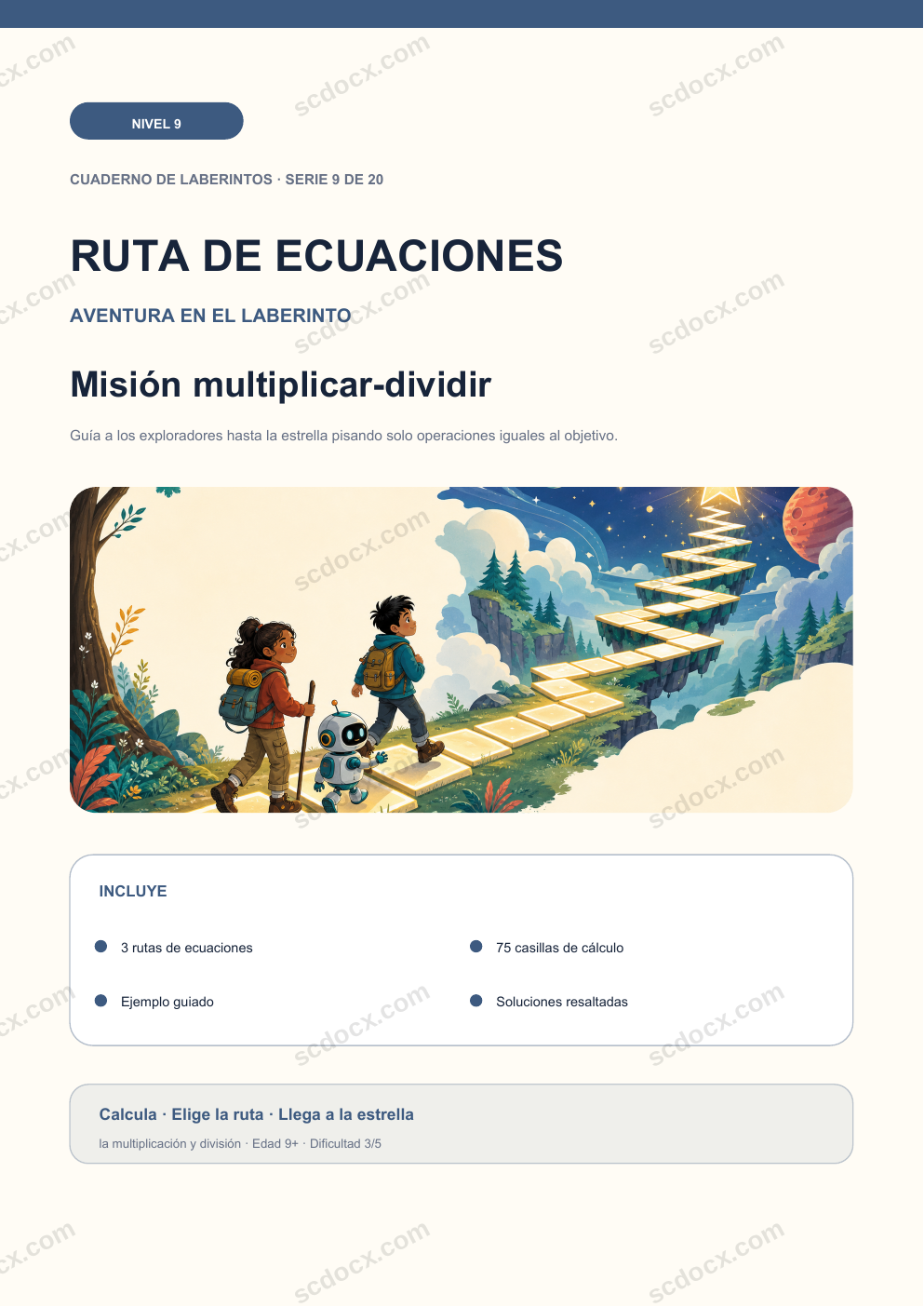 Ruta de ecuaciones Nivel 9 | Misión multiplicar-dividir con soluciones