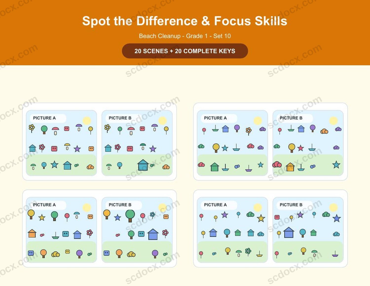 Spot the Difference | Grade 1 | Beach Cleanup | 20 Games + Keys | US Letter Landscape