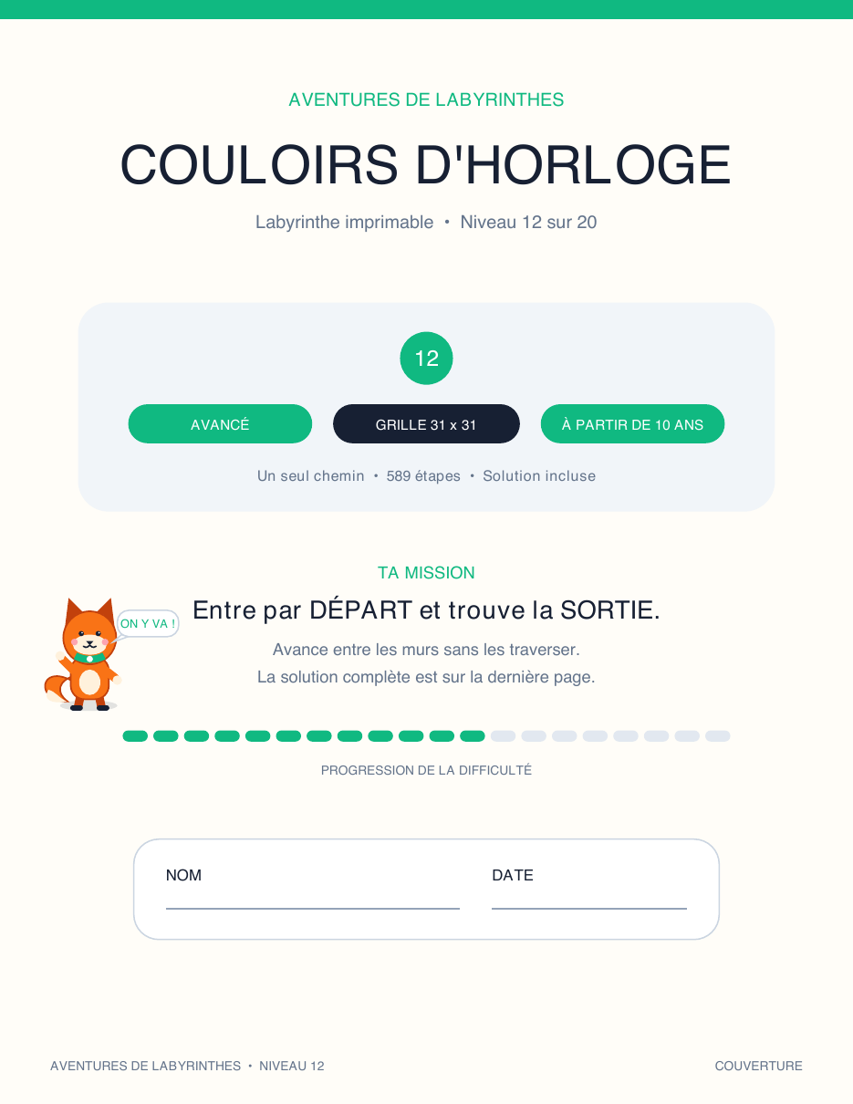 Labyrinthe Illustré Gratuit en Français 12 - Couloirs d'Horloge (Avec Corrigé)