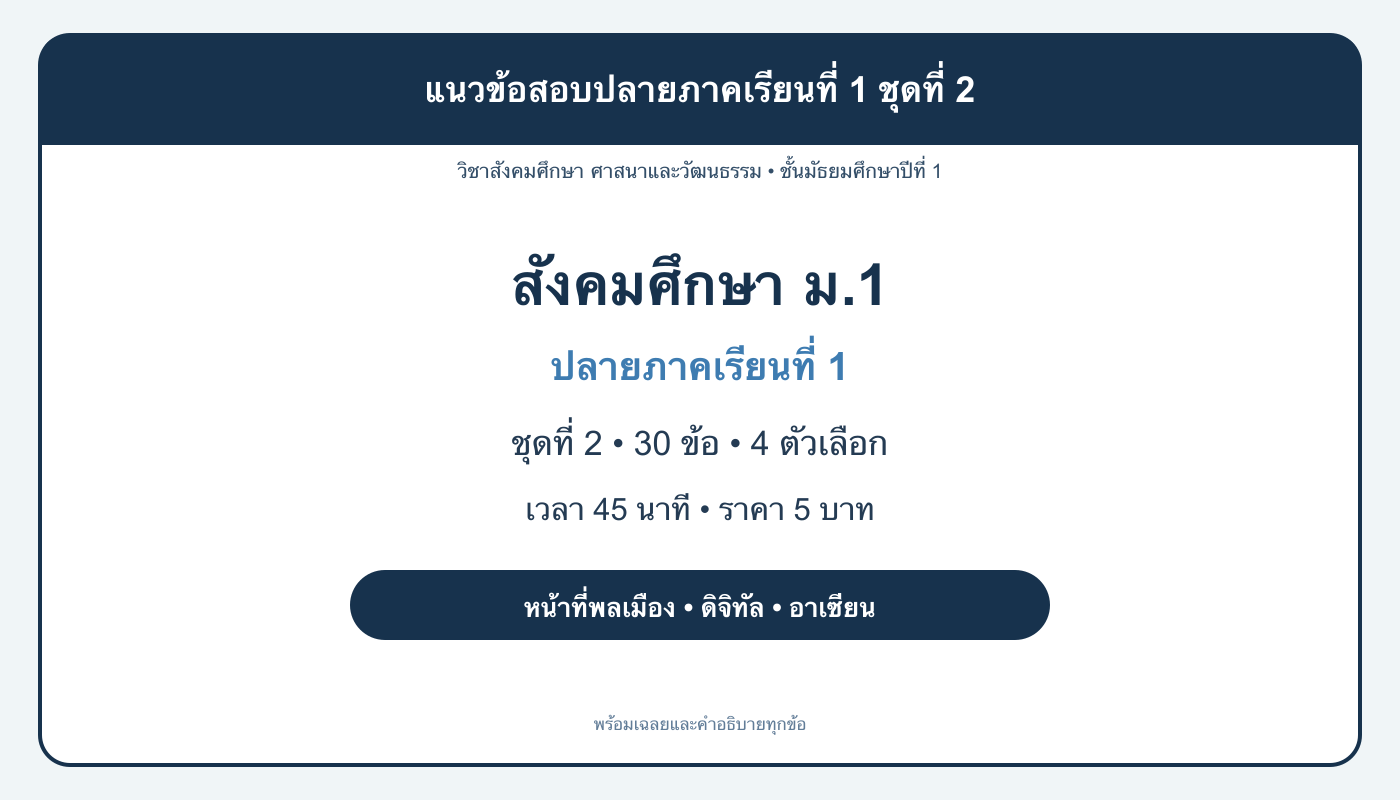 ชุดข้อสอบออนไลน์: แนวข้อสอบปลายภาคเรียนที่ 1 วิชาสังคมศึกษา ชั้นมัธยมศึกษาปีที่ 1 ชุดที่ 2