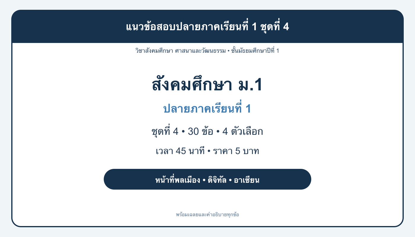 ชุดข้อสอบออนไลน์: แนวข้อสอบปลายภาคเรียนที่ 1 วิชาสังคมศึกษา ชั้นมัธยมศึกษาปีที่ 1 ชุดที่ 4