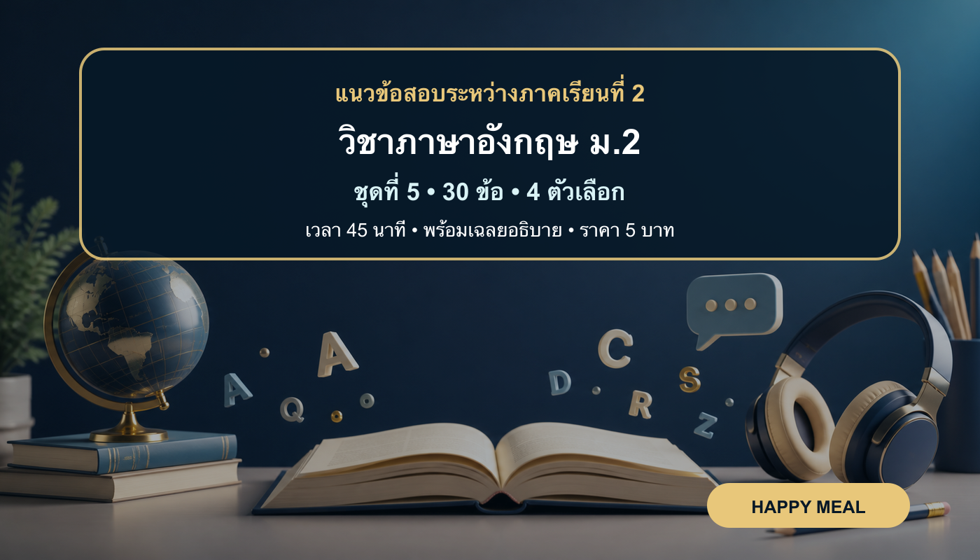 ชุดข้อสอบออนไลน์: แนวข้อสอบระหว่างภาคเรียนที่ 2 วิชาภาษาอังกฤษ ชั้นมัธยมศึกษาปีที่ 2 ชุดที่ 5