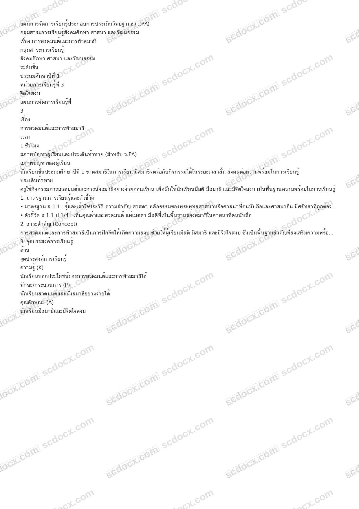 แผนการสอน ว.PA สังคมศึกษา แผนที่ 3 การสวดมนต์และสมาธิ  (ป.1)