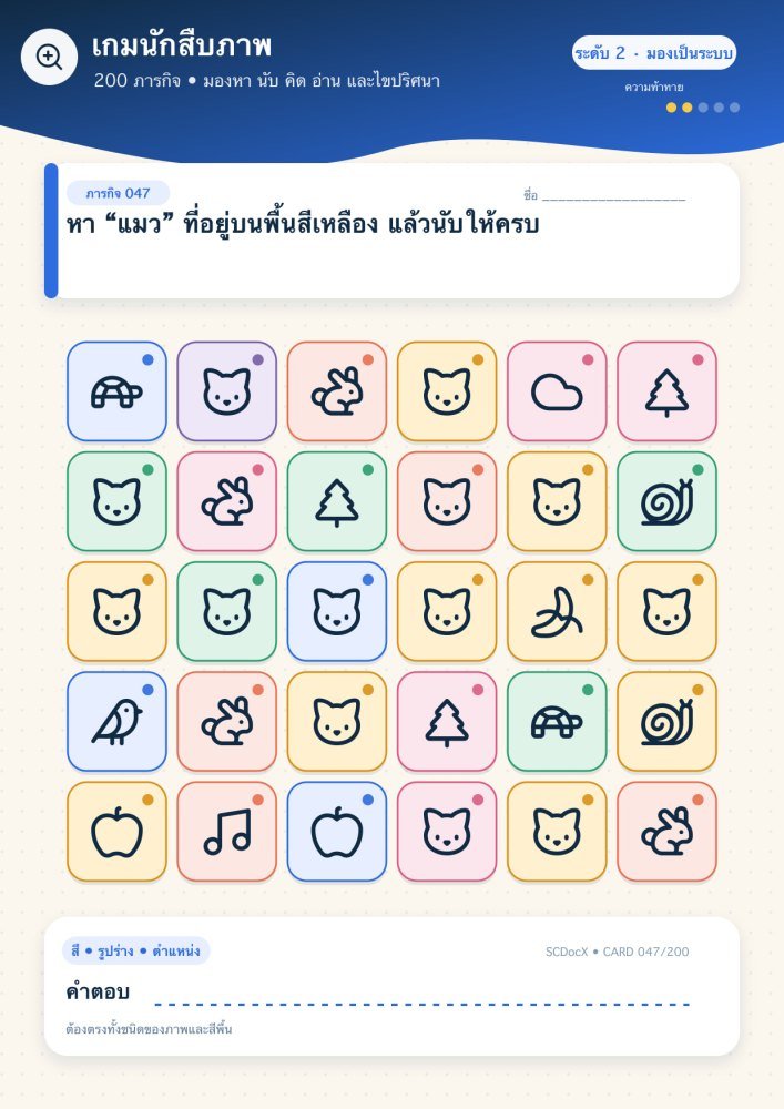 แจกฟรี เกมนักสืบภาพ 047 | หา “แมว” ที่อยู่บนพื้นสีเหลือง แล้วนับให้ครบ