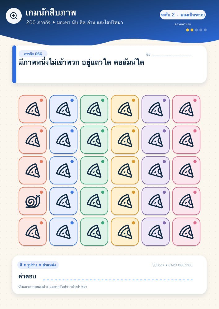 แจกฟรี เกมนักสืบภาพ 066 | มีภาพหนึ่งไม่เข้าพวก อยู่แถวใด คอลัมน์ใด