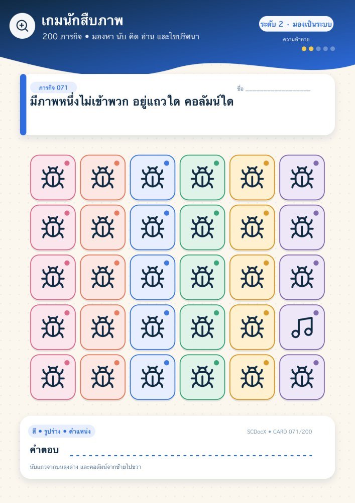 แจกฟรี เกมนักสืบภาพ 071 | มีภาพหนึ่งไม่เข้าพวก อยู่แถวใด คอลัมน์ใด