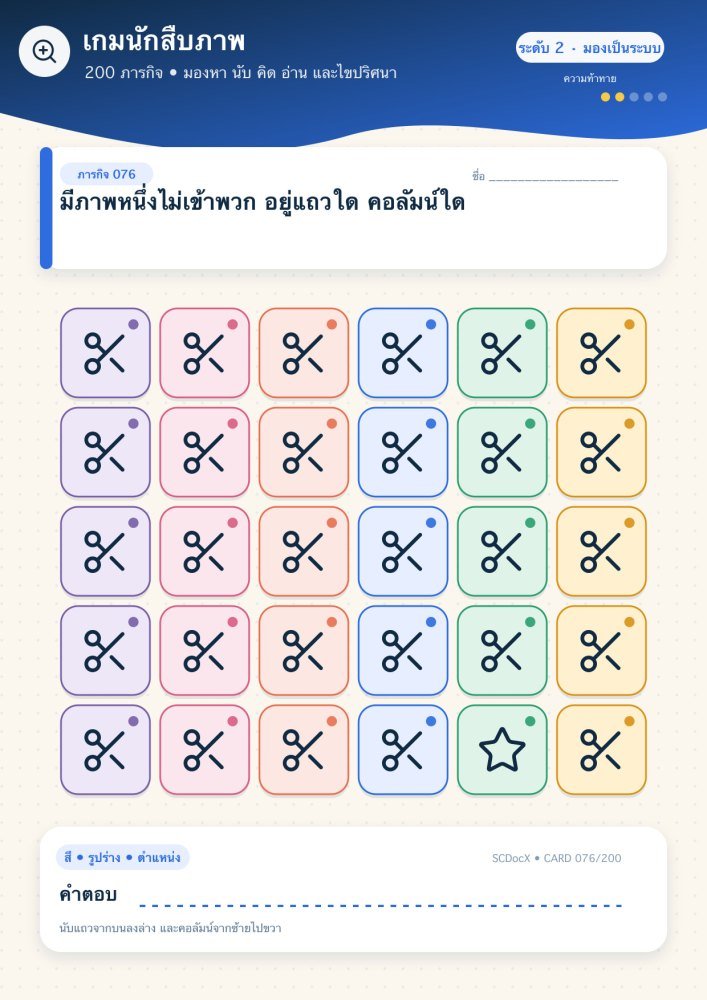แจกฟรี เกมนักสืบภาพ 076 | มีภาพหนึ่งไม่เข้าพวก อยู่แถวใด คอลัมน์ใด