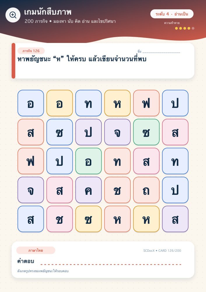 แจกฟรี เกมนักสืบภาพ 126 | หาพยัญชนะ “ห” ให้ครบ แล้วเขียนจำนวนที่พบ