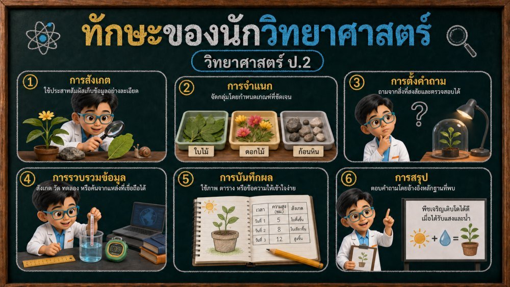 แจกฟรี | วิทยาศาสตร์ ป.2 เรื่อง ทักษะของนักวิทยาศาสตร์ | สื่อ 3D แนวนอน