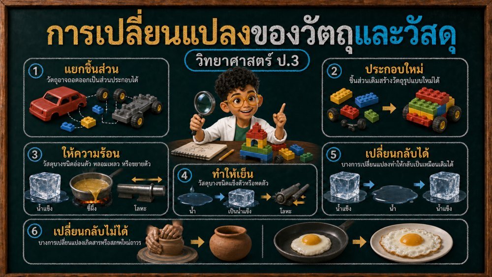 แจกฟรี | วิทยาศาสตร์ ป.3 เรื่อง การเปลี่ยนแปลงของวัตถุและวัสดุ | สื่อ 3D แนวนอน