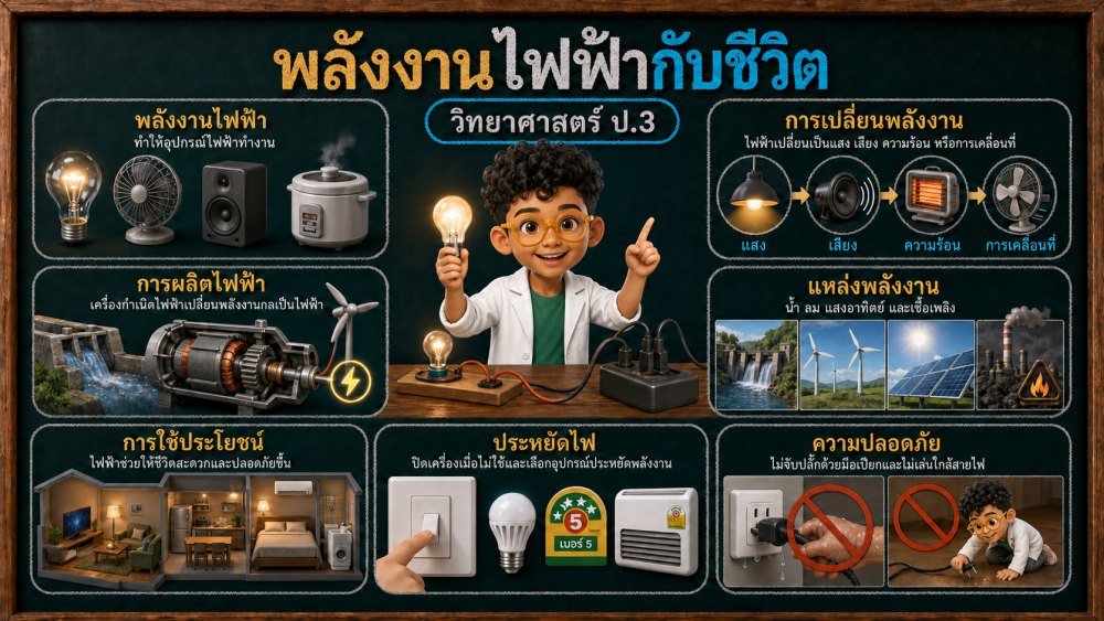 แจกฟรี | วิทยาศาสตร์ ป.3 เรื่อง พลังงานไฟฟ้ากับชีวิต | สื่อ 3D แนวนอน