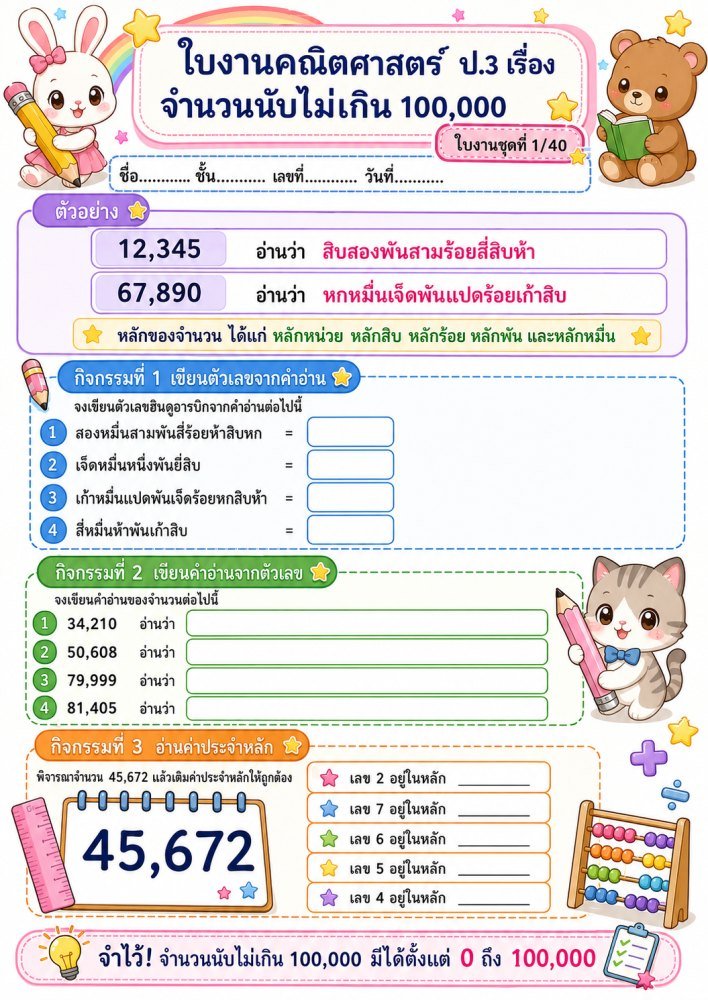 ใบงานวิชาคณิตศาสตร์ ป.3