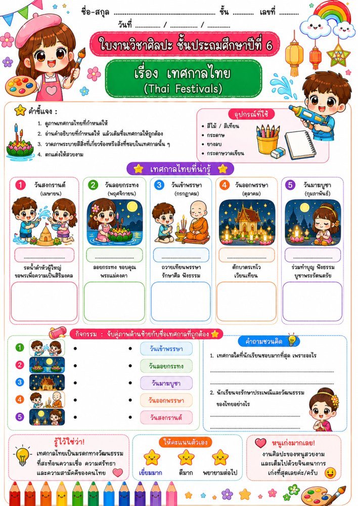 ใบงานวิชาศิลปะ ป.1 (ชุดที่ 4)