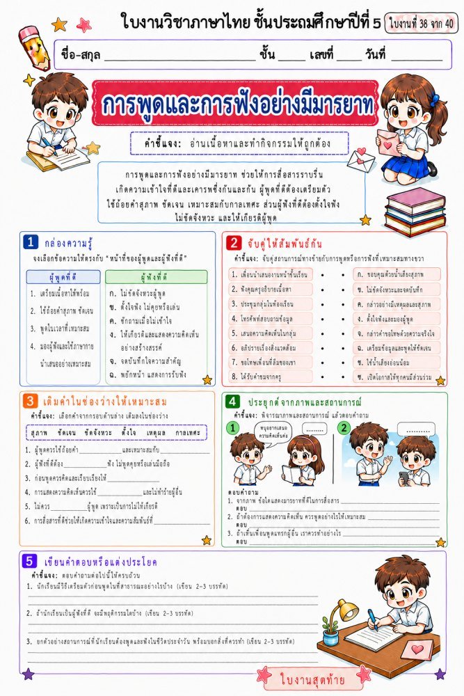 ใบงานวิชาภาษาไทย ป.5 (ชุดที่ 39)