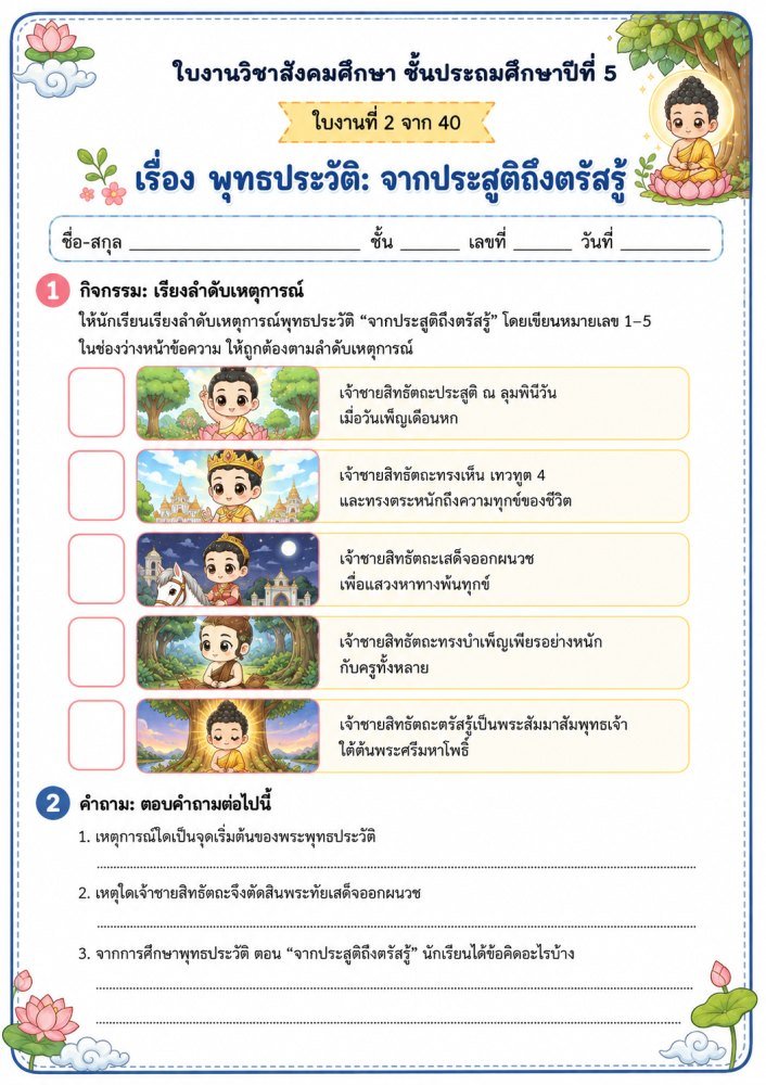 ใบงานวิชาสังคมศึกษา ป.5 เรื่อง พุทธประวัติ จากประสูติถึงตรัสรู้