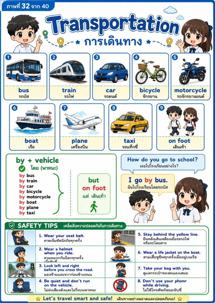 สื่อการเรียนรู้ ม.1 ฟรี 011 — สื่อการสอนวิชาภาษาอังกฤษ ม1 เรื่อง Transportation การเดินทาง ชุดที่32